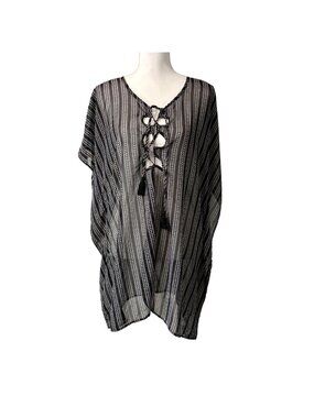 Black & White Boho Sheer Striped Beach Swim Tunic Cover Up Time & Tru L(12-14)